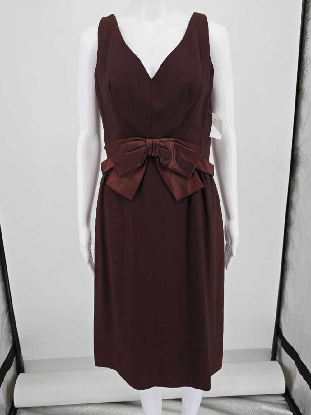 Vintage 1960s Gale Mitchell Brown Sleeveless Satin Bow Midi Cocktail Dress (M)